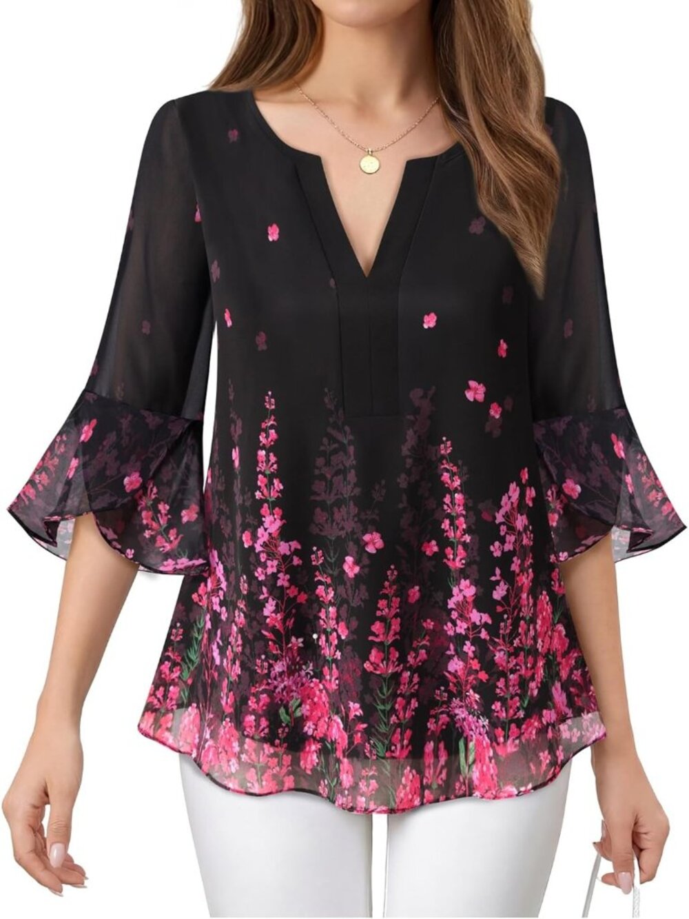 Women's Tops Black Blouses 3/4 Sleeve Summer Floral Chiffon V-Neck Work Shirts